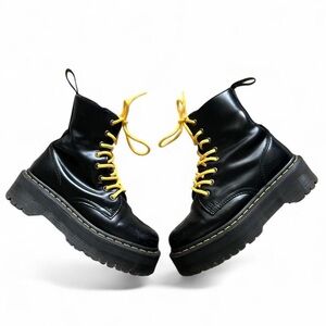 Dr. Martens Black Leather Jadon Platform Lace-Up Boots with Yellow Laces